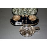 Cased pair of silver shell form salts with spoons, together with a plated tasse de vin and a white