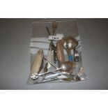 Two silver mounted nail buffs and a small quantity of other silver and silver plated spoons,