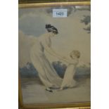 Early 19th Century watercolour, mother and child dancing in a landscape, 11ins x 9ins, gilt