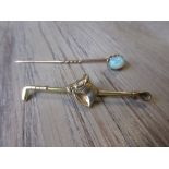 9ct Gold tie pin in the form of a horses head and whip together with a yellow metal and opal set tie