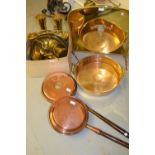 Two copper warming pans, a brass preserve pan and other miscellaneous brassware