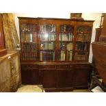 Large reproduction mahogany breakfront four door bookcase, the moulded top above four bar glazed