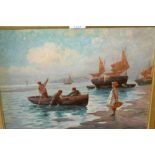 Newlyn School oil on canvas, boats in a coastal inlet with figures on the shore line, indistinctly