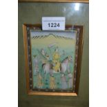 Two small Middle Eastern watercolours, a falconer on horseback and deer hunting, gilt framed