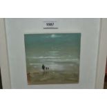 Two 20th Century oils on canvas, beach scenes with figures, indistinctly signed, in white glazed