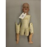 Armand Marseille, German bisque headed doll with kid leather body (minus two arms, for restoration)