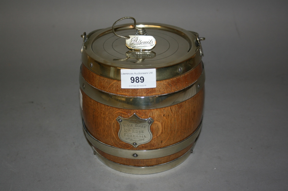 Early 20th Century oak and silver plated biscuit barrel