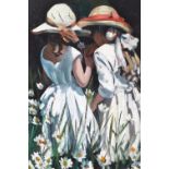 Sherree Valentine Daines, oil on board, study of two girls picking daisies, signed with initials,