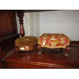 Small Victorian footstool with needlepoint top on cabriole supports together with a small circular