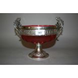 W.M.F. silver plated and ruby glass fruit bowl with swan handles 8in high by 7.5in diameter to