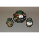 Pair of small cloisonne two handled baluster form covered vases (minus one finial) together with a