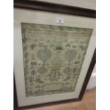 19th Century pictorial sampler by Emily Jennings, born 1842 and completed 1853, oak framed