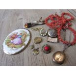 Coral necklace, Limoges plaque and various other items of costume jewellery