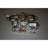 Pair of oval silver salts, pair of silver napkin rings, silver mustard, silver pepper, pair of