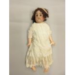 J. Verlingue, French bisque headed doll with fixed eyes, open mouth and six teeth, numbered 8,