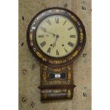 19th Century rosewood mother of pearl inlaid drop-dial wall clock, the painted dial with Roman