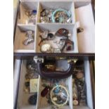Large brown jewellery case containing silver and other costume jewellery
