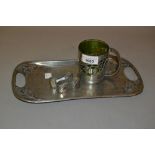 Tudric pewter mug with green glass insert, stamped 0534, a Tudric pewter tray, stamped 0309 and a