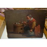 19th Century Dutch school oil on oak panel, study of a peasant seated by a barrel, 7ins x 8.5ins,