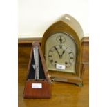 Edwardian mahogany and inlaid lancet clock, the silvered dial with Roman numerals, inscribed Marsh