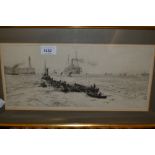 W.L. Wyllie, signed etching various shipping in an estuary with fishing boats under tow from a tug