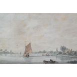 Nicolas Wicart watercolour, boatmen in barges, signed, 10.5ins x 14.5ins, framed