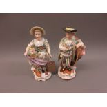 Pair of 19th Century continental porcelain figures, boy with a posy and girl with basket and sickle,