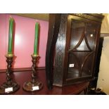 Small Edwardian mahogany and blind fretwork hanging corner cabinet together with a pair of barley
