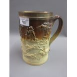 George III Mortlake salt glazed stoneware hunting tankard, 7ins high Handle has been off and