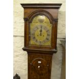 18th Century walnut longcase clock, the moulded broken arch hood with flanking pilasters above an