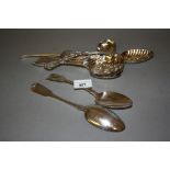 Pair of 19th Century London silver Fiddle pattern tablespoons, together with a silver teaspoon and a
