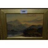 19th Century oil on board, figure in a sunset Highland landscape, indistinctly signed, in a Watts