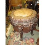 19th Century Chinese hardwood circular vase stand with marble inset top (at fault) and all-over