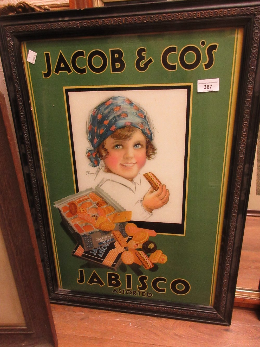 Original Jacob & Co. reverse printed on glass advertising sign for Jabisco Assorted, in Jacobs