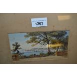 19th Century Continental school, small gilt framed watercolour, mountain landscape 3ins x 6ins