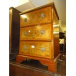 Small mahogany and satinwood crossbanded bedside chest of three drawers, together with a pair of