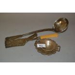 French silver Fiddle and Thread pattern ladle, a Birmingham silver tea strainer and stand,