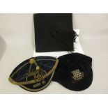 Two velvet rowing caps, 1930 and 1931 together with a school master's mortar board hat with tassel