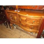 Large early 20th Century mahogany semi bow fronted sideboard with a brass rail back above two