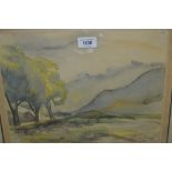 A.J. Robertson, watercolour, landscape with trees and mountain, dated 1953, gilt framed, 2.5ins x