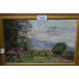 Francis Reily, oil on board, landscape with cart before a five bar wooden gate, signed verso, 7.5ins