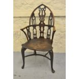 George III yew and elm ' Strawberry Hill ' pattern Windsor chair, the pierced Gothic tracery back