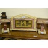 Art Deco beige and pink marble three piece clock garniture, the large rectangular signed Comptoir