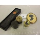 Small brass monocular in a fitted case, reproduction silhouette portrait and a Folio Society