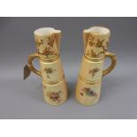 Pair of Worcester blush ivory jug vases in japanesque style painted with flowers, 10.25ins high