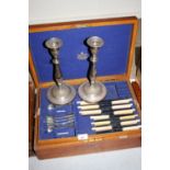 Mappin and Webb oak cased part canteen of cutlery, together with a pair of plated on copper