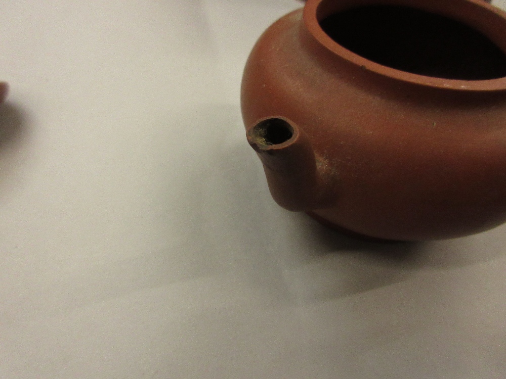 19th Century Chinese terracotta teapot and cover with incised eight character mark to the base Small - Image 3 of 4