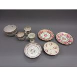 Three various Derby cups, a small Derby bowl and four various 19th Century English saucers Mauve and