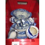 19th Century English blue and white transfer printed chestnut basket on stand, together with other