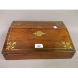 19th Century rosewood brass inlaid fold-over writing slope with fitted interior, 14ins wide, 10ins